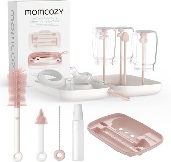 Momcozy Momcozy 7-in-1 Babyfles Reinigingsset (Roze) – Baby Bottle Cleaner Kit met Siliconen Borstel, Speen- & Rietjesborstels, Zeepdispenser & Droogrek – Draagbare Babyfles Schoonmaakset voor Thuis & Reizen