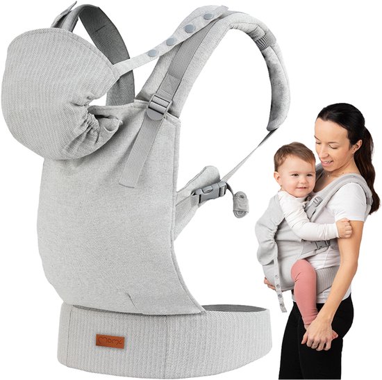 MoMi COLLET Draagzak - Ergonomische Babydrager - M-Positie - Verstelbaar - Met Afneembare Capuchon - Grijs