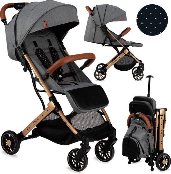 MoMi Estelle Kinderwagen - Lichtgewicht Buggy - Compact Opvouwbaar - Met Verstelbare Rugleuning - Reisbuggy 6+ Maanden - Grijs/Goud