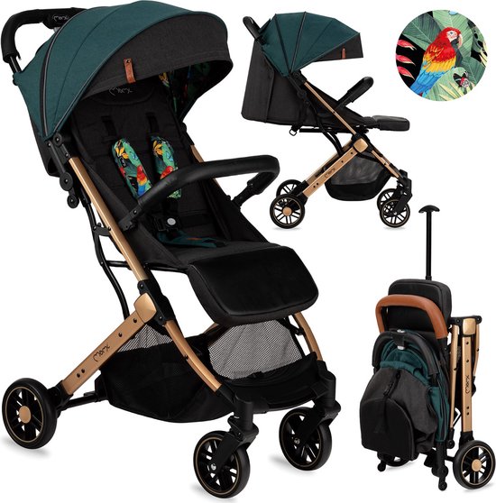 MoMi Estelle Kinderwagen - Lichtgewicht Buggy - Compact Opvouwbaar - Met Verstelbare Rugleuning - Reisbuggy 6+ Maanden - Groen/Goud