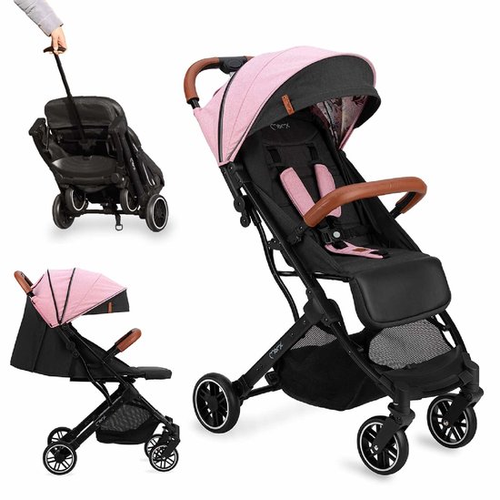 MoMi Estelle Kinderwagen - Lichtgewicht Buggy - Compact Opvouwbaar - Met Verstelbare Rugleuning - Reisbuggy 6+ Maanden - Zwart/Roze