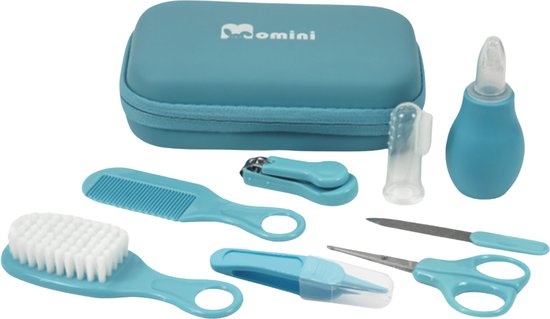 Momini BabyCare Blue Babyverzorgingsset - 8-delige Multifunctionele Baby Cadeauset - Veilig en Stijlvol - Blauw