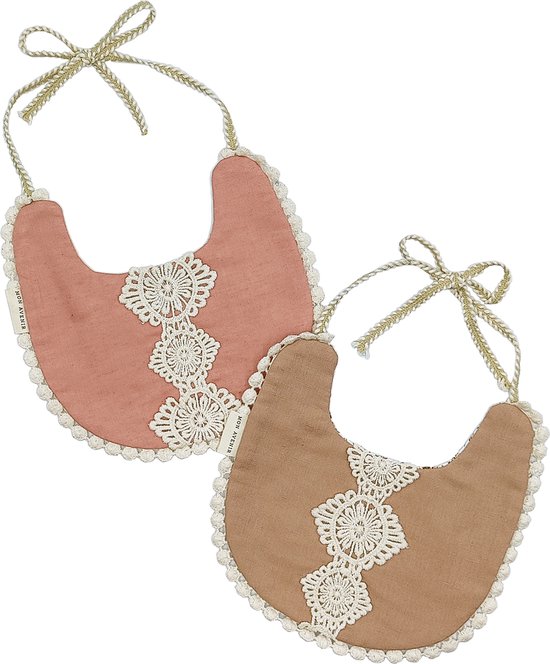 Mon Avenir - Baby Slabbetjes - Bruin - Roze - Kanten detail -  set van 2 Boho Slabbetje van Mon Avenir