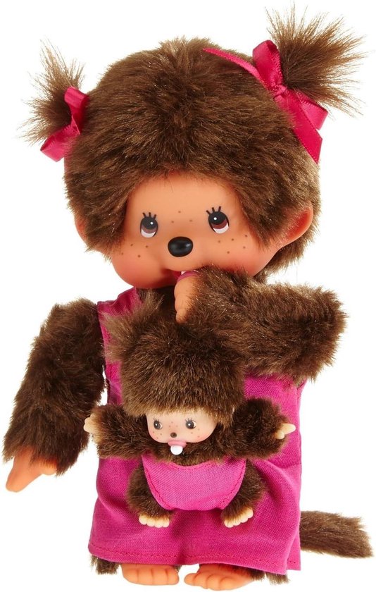 Monchhichi Moeder met Baby - Knuffel Apenpop - Knuffelen en Spelen - Uitneembare Baby - 20 cm - Bruin