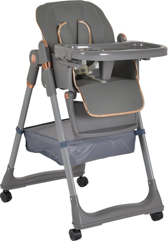Moni Lindo - Verstelbare Kinderstoel & Eetstoel - Inclusief Slabbetje, Lepel en Vork - Inklapbaar & Hoogte Verstelbaar - Grijs - Vanaf 6 Maanden - Max. 15 kg