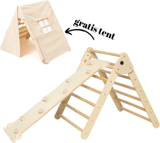 Monkiesori Pikler Driehoek - Opvouwbaar Met glijbaan en Klautertrap - + gratis speeltent - Houten Klimrek Kinderen - Klimdriehoek van Merkloos