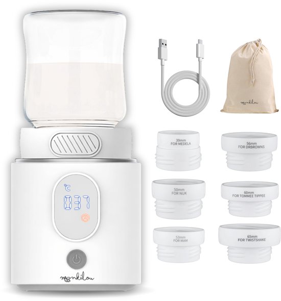 Monkilou Draagbare Flessenwarmer - Onderweg - Draadloos - 4 Temperatuurniveaus - Met Transporttasje - Met Adapters