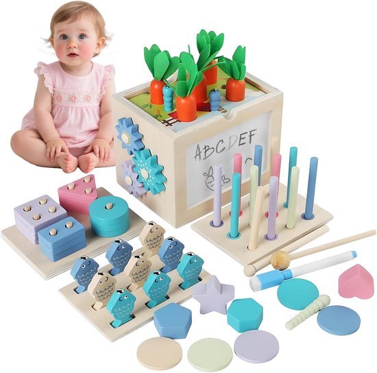 Montessori 10 in 1 Activiteitendoos Houten Educatief Speelgoed met Vormenstoof Leerklok en Vis spel Multifunctioneel Leermateriaal voor Kinderen 3 4 5 6 jaar van Malplay
