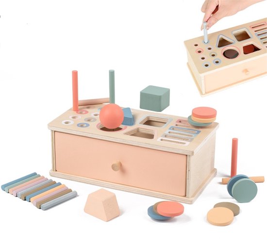 Montessori 3-in-1 Sorteer- en Insteekdoos van Hout – Educatief Speelgoed voor Kinderen van 1 tot 3 Jaar, met Vormenstopper, Kleursorteerder en Balspel, ter Stimulering van Motoriek, Vormherkenning en Concentratie