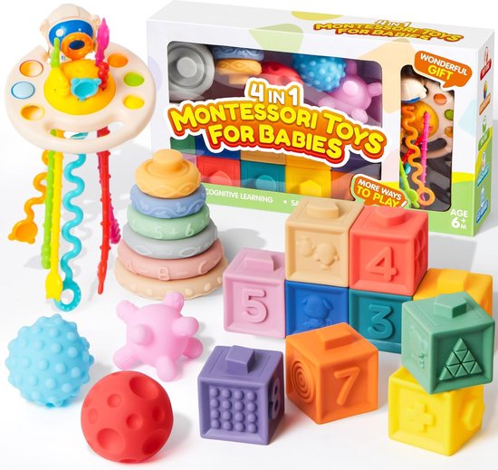 Montessori 4-in-1 babyspeelgoed vanaf 6-12 maanden, stapelblokken, sensorisch koord, trekken, speelgoed, babyspeelgoed, stapelspel, sensorisch speelgoed, babycadeau, 1-2-3 jaar van SORARA