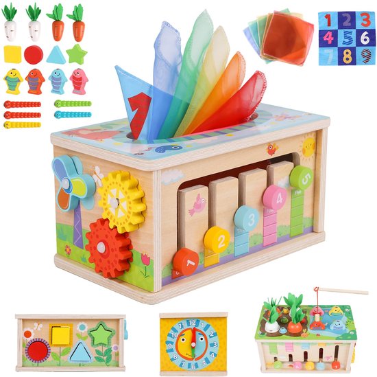 Montessori 6-in-1 tissuebox - voor kinderen van 36 maanden, houten activiteitenkubus, perfect sensorisch speelgoed voor peuters van 3 jaar, babyverjaardagscadeau van Merkloos