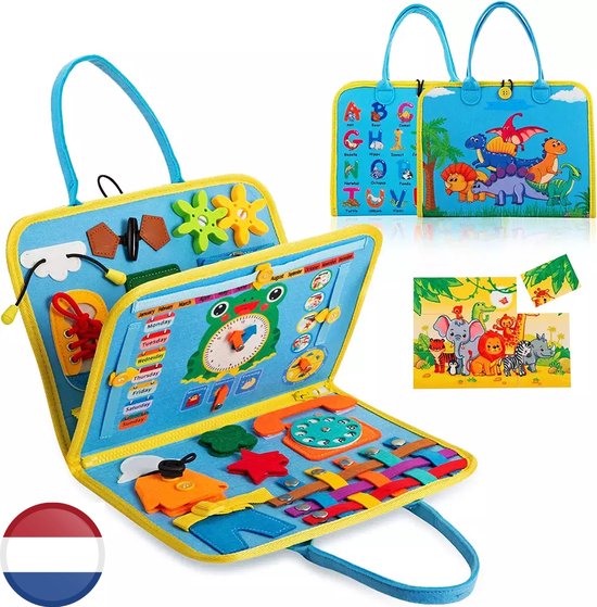 Montessori Activiteiten Boek - Nederlands - Busy Board - Perfect voor op Vakantie - Klok lezen - Motoriek Map voor Thuis en Onderweg - Leren Veter Strikken - Activiteitenboek - Vaardigheden Kinderen - Educatief Spel - Dinosaurus blauw van Merkloos