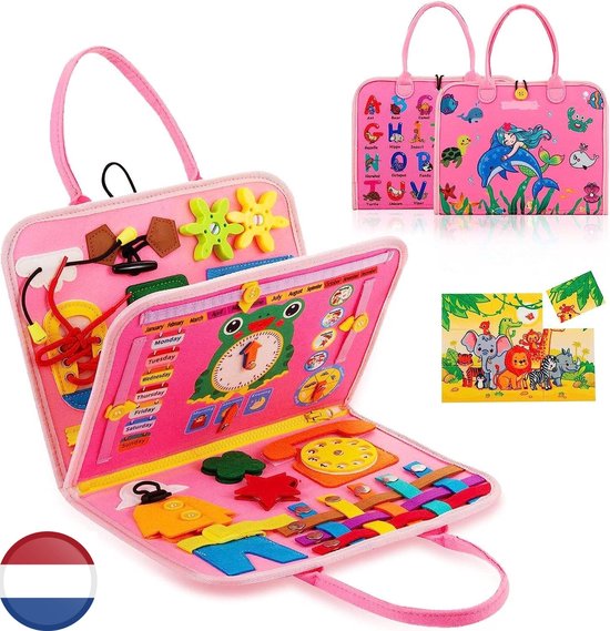 Montessori Activiteiten Boek - Nederlands - Busy Board - Perfect voor op Vakantie - Klok lezen - Motoriek Map voor Thuis en Onderweg - Leren Veter Strikken - Activiteitenboek - Vaardigheden Kinderen - Educatief Spel - Zeemeermin roze van Merkloos
