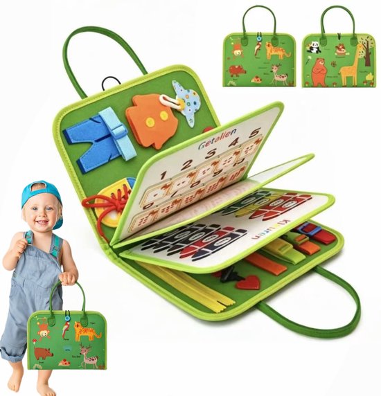 Montessori Activiteitenboek Dieren, Voel‑en‑doek Busy Board Boek - Leer Veter Strikken en Klok Lezen - Draagbaar Educatief Motoriek Speelgoed Voor Kinderen - Perfect Voor Thuis en Op Vakantie - Groen