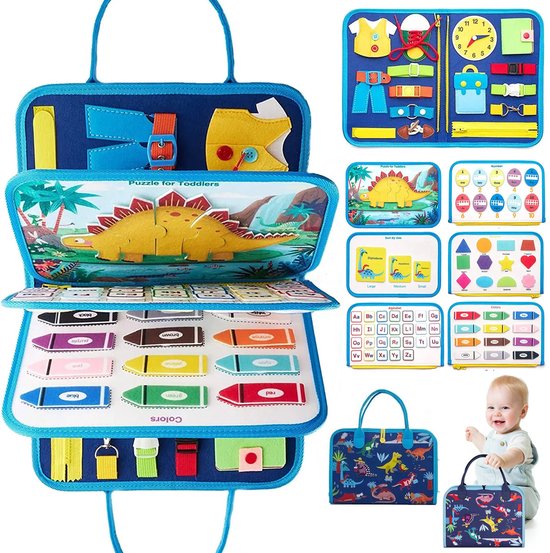 Montessori activiteitenboek - Montessori Busy Board - Dinosaurus Boek - Sensorisch Speelgoed 3 jaar - Educatief speelgoed meisjes speelgoed Jongens speelgoed - Reisspeelgoed Peuter speelgoed - Blauw, Dinosaurus