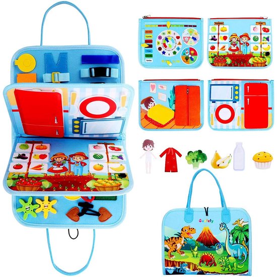Montessori activiteitenboek - Montessori speelgoed baby - Busy Board - Sensorisch speelgoed - Educatief speelgoed - Baby speelgoed - Reisspeelgoed voor jongens en meisjes - Blauwe dinosaurus