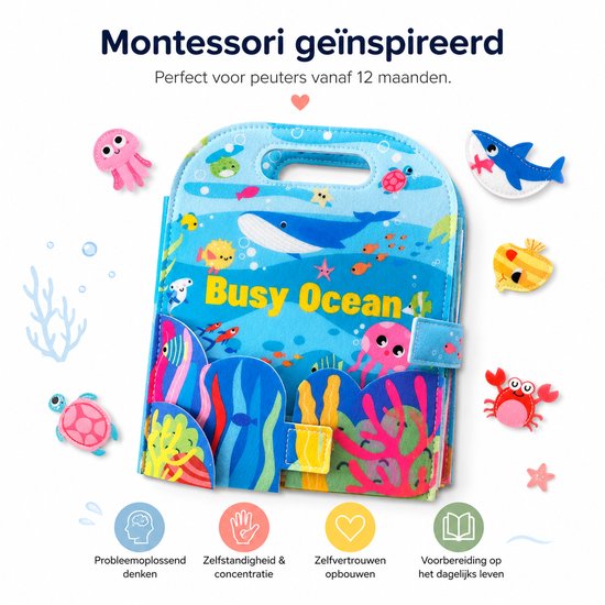 Montessori Activiteitenboek Oceaan - Montessori Speelgoed 1-3 jaar - Baby Speelgoed - Busy Board voor Peuter - Sensorisch speelgoed 12 maanden Jongens en Meisjes - Reisspeelgoed voor in de Auto