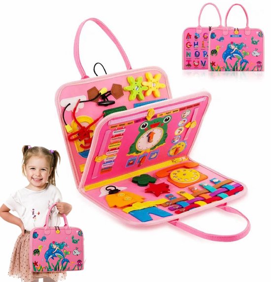 Montessori Activiteitenboek Zeemeermin, Voel‑en‑doek Busy Board Boek - Leer veter strikken en klok lezen - Draagbaar Educatief Speelgoed Voor Kinderen - Perfect Voor Thuis en Op Vakantie - Roze
