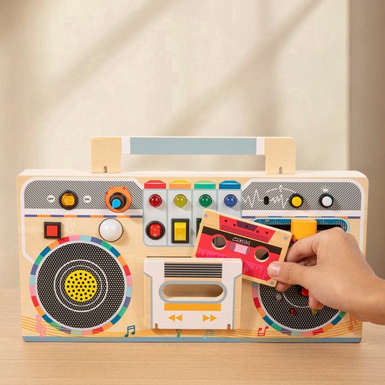 Montessori-activiteitenbord – Houten speelbord in de vorm van een radio – Met ledverlichting en spraakopnamefunctie – Educatief sensorisch speelgoed – Geschikt voor peuters van 1 tot 3 jaar