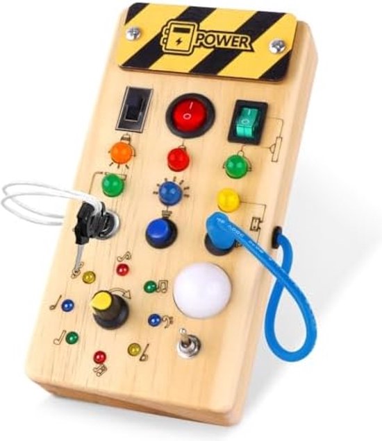 Montessori activiteitenbord met LED lichtschakelaar voor 1-4 jarigen van Tiny Adventures.