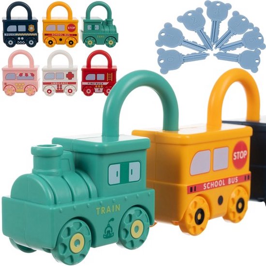 Montessori Autospeelgoed met slotsleutel - 6x stuks - Speelgoed voor kinderen - Trein - Politieauto Brandweerauto - Ambulance - Schoolbus + ijsvrachtwagen van WoepieKids