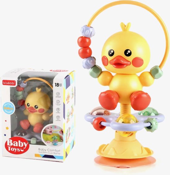 Montessori Baby Speelgoed – Sensorische Spinner Eend met Zuignap – 6-36 mnd – Motoriek Ontwikkeling