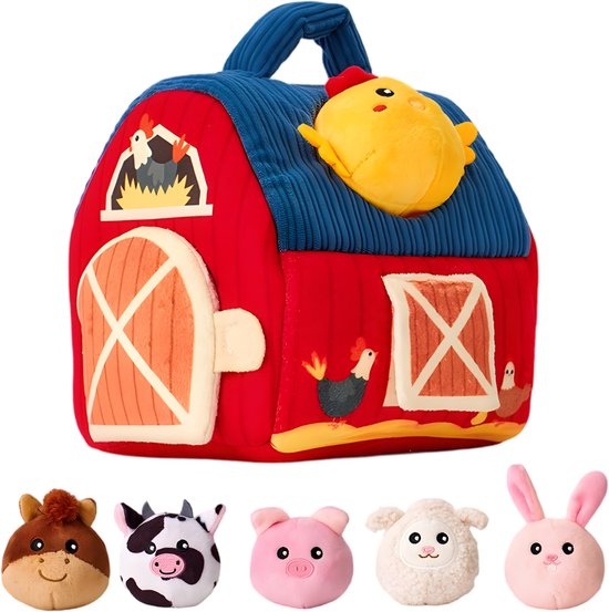 Montessori Babyspeelgoed - Sensorische Boerderijset 7-delig - 6 Pluchen Dieren - Knisper-, Ritsel- en Rammelgeluiden - Opberghuisje met Spiegel - Met Handvat - Voor Baby’s van 6-12 Maanden, Thuis en Onderweg van AKKEE