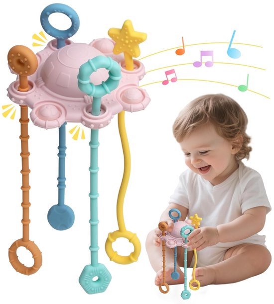 Montessori babyspeelgoed - UFO-speelgoed met trekfunctie voor sensorische ontwikkeling - met geïntegreerde rammelaar en zachte drukknop, veilig en gemakkelijk schoon te maken (roze) van Merkloos