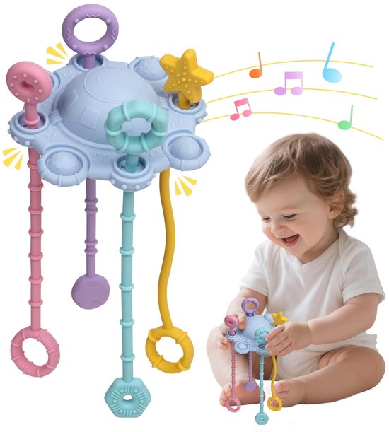 Montessori babyspeelgoed - UFO-speelgoed met trekfunctie voor sensorische stimulatie - met geïntegreerde rammelaar en zachte drukknop, veilig en gemakkelijk schoon te maken (blauw) van Merkloos