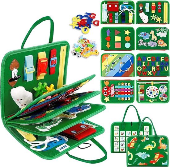 Montessori-bezigheidsbord voor peuters – 8 pagina's tellend bezigheidsboek voor kleuters - Voelbaar sensorisch activiteitenbord voor fijne motoriek - Educatief reisspeelgoed voor baby's, jongens en meisjes