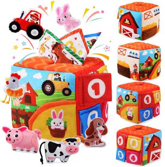 Montessori boerderij speelgoed voor baby's van 1 jaar - Ontwikkelingsdoos met rammelaar, boerderijdieren en doek - Educatief spel, speelgoed voor de motorische ontwikkeling van jongens en meisjes van Little Dutch