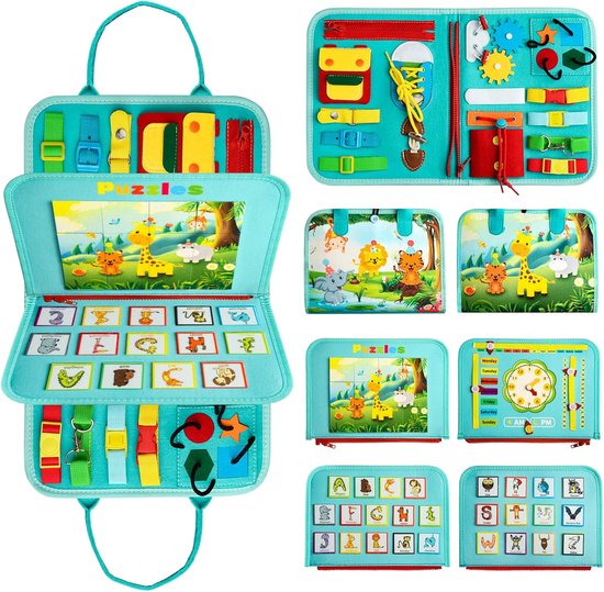 Montessori Busy Board, 8 pagina's, Montessori-spellen voor peuters van 1-4 jaar, milieuvriendelijk educatief speelgoed, Montessori-sensorisch activiteitenbord met puzzels. van Merkloos