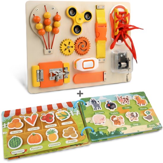 Montessori Busy Board Hout + Busy Book Set - Sensorisch Educatief Speelgoed vanaf 3 Jaar - Activiteitenbord - Fijne Motoriek - Reisspeelgoed - Speelgoed voor in de Auto van Merkloos