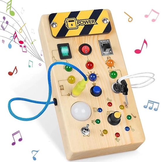 Montessori Busy Board met LED Lichtjes - Houten Activiteitenbord - Educatief Speelgoed 1 Jaar, 2 Jaar, 3 Jaar - Sensorisch Reisspeelgoed voor Peuters - Motoriek Speelgoed van Merkloos