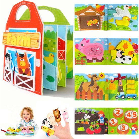 Montessori Busy Board vanaf 1 jaar, boerderij vilten speelboek met 3D-vingerpoppetjes, educatief speelgoed ter bevordering van de fijne motoriek bij peuters van 1-3 jaar, reisspeelgoed en cadeaus voor meisjes en jongens van Merkloos