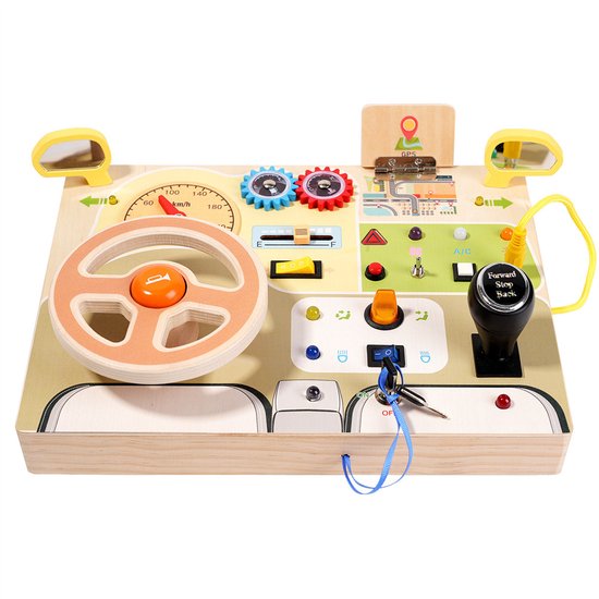 Montessori Busy Board voor peuters, Baby Busy Board met gesimuleerd stuur en lichtschakelaar, Houten sensorisch speelgoed voor fijne motoriek, Montessori educatief speelgoed cadeaus voor jongens en meisjes vanaf 3 jaar van Merkloos