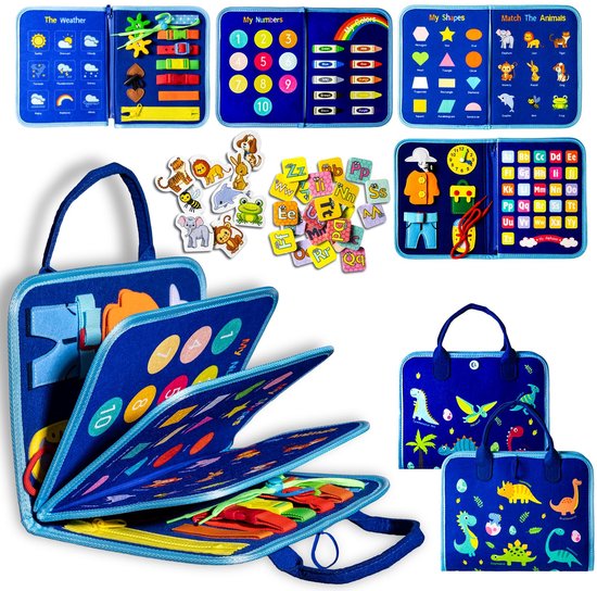 Montessori Busy Board voor peuters – Sensorisch bord met dinosaurus-thema – Educatief Busy Book – Leerspeelgoed voor peuters – Leeractiviteiten voor de kleuterschool – Reisspeelgoed voor vliegtuig en auto
