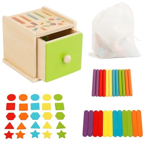 Montessori Drie-in-één Kleursorteerdoos - Houten Speelgoed Met Lades, Geometrische Vormen + Ronde Staafjes + Ijsstokjes, Sensorische Training Voor De Fijne Motoriek Van Peuters van Merkloos