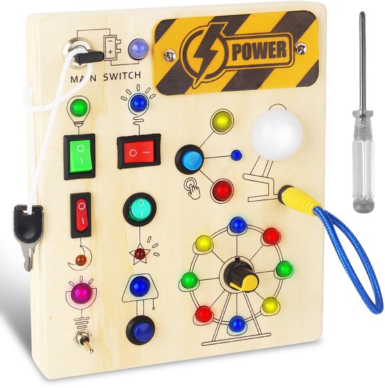 Montessori Drukbord vanaf 1 Jaar - Educatief Houten Activiteitenbord met LED Lichtschakelaars - Sensorisch en Motorisch Leerspeelgoed - Perfect Cadeau voor Jongens en Meisjes 1-4 Jaar van NimNik