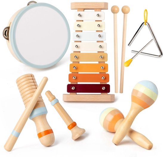Montessori Early Learning 6-in-1 Houten Muziekspeelset - Muzikale Creativiteit Starterscadeaupakket Voor Kinderen Van 1-3 Jaar - Bevat Xylofoon, Zandshaker En Tamboerijn - Speelgoed Voor Sensorische Ontwikkeling Voor Ouder-kindinteractie