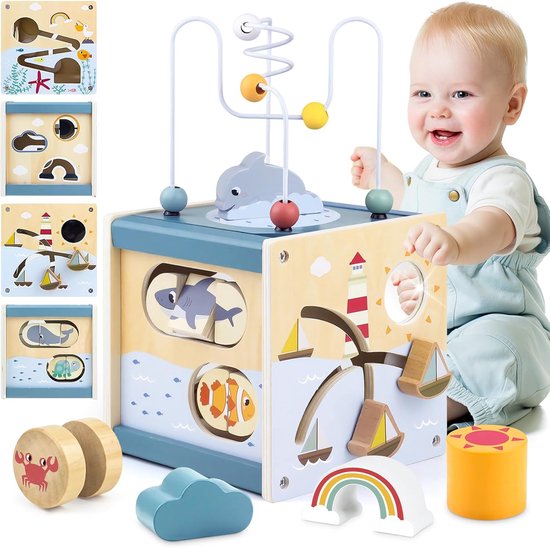 Montessori Houten Activiteitenkubus (Thema Zee) – Educatief Speelgoed voor Baby’s en Peuters vanaf 1 Jaar, met Kralenbaan, Vormenstopper, Spiegel en Puzzel, ter Stimulering van Motoriek en Zintuiglijke Ontwikkeling