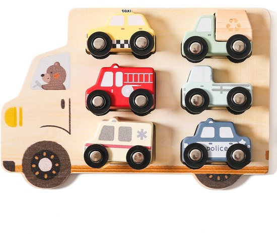 Montessori Houten Auto's Set voor Kinderen - 6-Delige Houten Auto's Set met Brandweerwagen, Ambulance, Taxi en Meer - Montessori Speelgoed voor Jongens en Meisjes van Merkloos