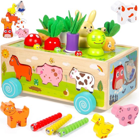 Montessori houten boerderijspeelgoed voor peuters – 7 in 1 educatief speelgoed vanaf 1 jaar – Wortel-insteekspel voor kinderen – Cadeaus voor baby's – Houten speelgoed voor jongens en meisjes van 2, 3, 4 en 5 jaar