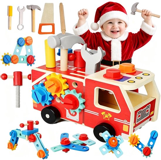 Montessori Houten Brandweerauto Schroefbord – Met Schroeven Vanaf 3 Jaar – Houten Speelgoed – Gereedschapskist – Cadeau Voor Jongens En Meisjes Van 2 Tot 4 Jaar
