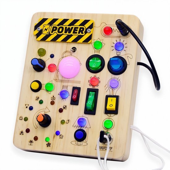Montessori Houten Busy Board — Speelgoed met LED-lichtschakelaar — Educatief sensorisch bord — Stimuleert fijne motoriek & kleurherkenning — Cadeau voor peuters (1–3 jaar) — Reisspeelgoed