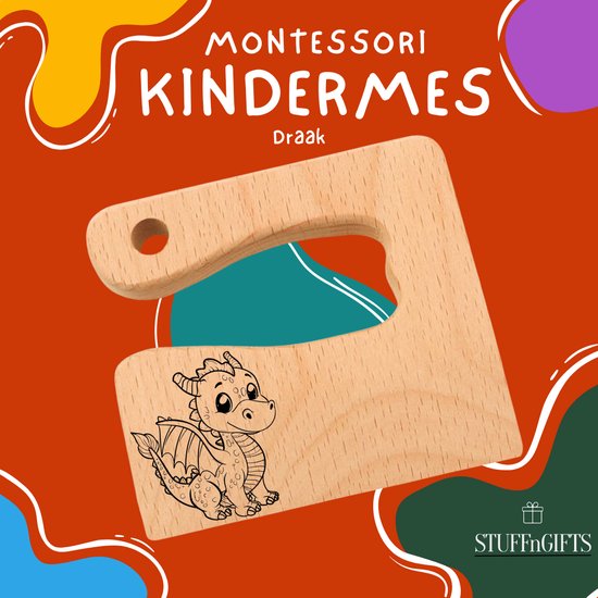 Montessori Houten Kindermes - Draak - Kinder Koksmes - Peuter kok - Verjaarsdag cadeau klein - Houten Kinderbestek - Leren Snijden en Koken voor Kinderen - Montessori Speelgoed - Sint kado - Schoen cadeau van Masterkidz