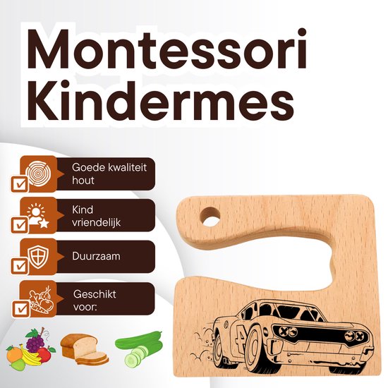 Montessori Houten Kindermes - Racewagen - Kinder Koksmes - Peuter kok - Verjaarsdag cadeau klein - Houten Kinderbestek - Leren Snijden en Koken voor Kinderen - Montessori Speelgoed van HappyThings