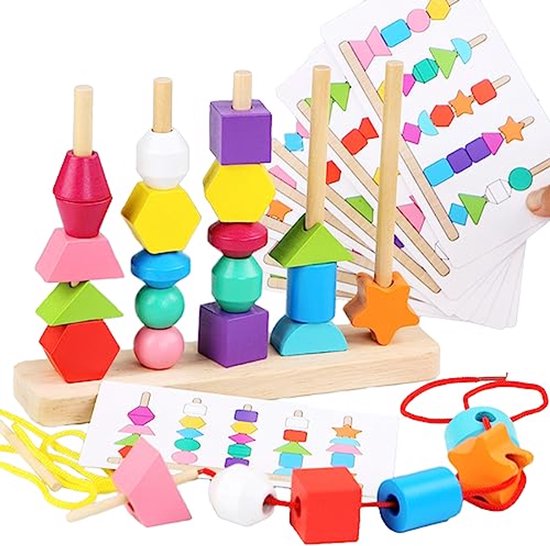 Montessori houten kralen speelgoed voor peuters, houten stapel- en volgordespeelgoedset, rijgkralen met bijpassende vorm en kleuren speelgoed voor kinderen van 2, 3, 4 en 5 jaar oud, jongens en meisjes, leerzaam speelgoed voor kleuters van Merkloos