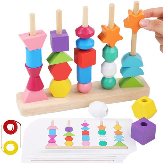 Montessori houten kralen speelgoedset - stapelblokken, rijgkralen en vormenspel voor 3-jarigen - Montessori-speelgoed om mee te leren, cadeaus voor kinderen van Merkloos