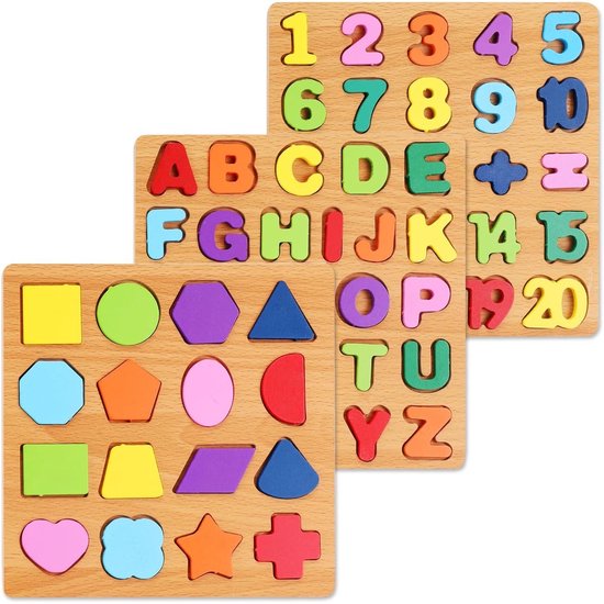 Montessori Houten Leerpuzzels - Educatief Speelgoed, Leuke En Leerzame Cadeaus Voor Kinderen Van 3-5 Jaar Om Zelfstandig Te Ontdekken (letter-, Cijfer- En Vormpuzzels) van Premium Baby.